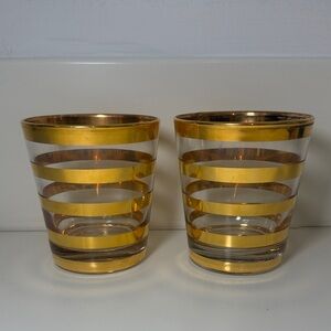 VTG 60s/70s Gold Striped Glass Tumblers Gold Rings Pattern, Hollywood Regency